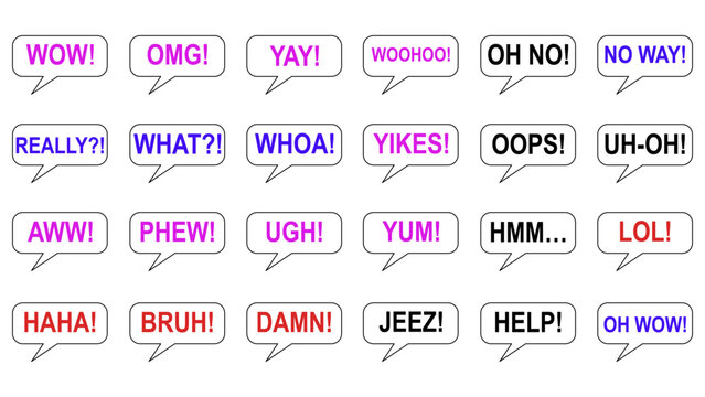 Comic Speech Bubbles Set with Short Reactions and Slang Expressions isolated on White Background Vector Illustration