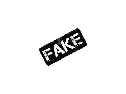 Fake rubber stamp icon on white background. Grungy black rectangular fake seal. Distressed mark for counterfeit or fraud verification.