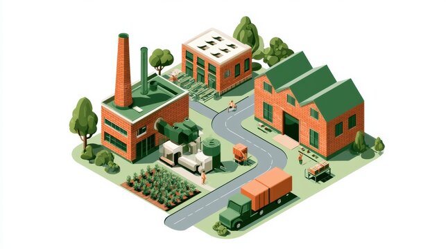 A farmer works in a field while a factory processes goods nearby in a modern setting that promotes sustainable practices and ethical sourcing.