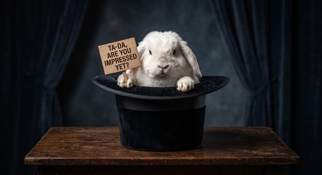 Surreal unamused white rabbit popping out of a classic black velvet top hat on an antique table