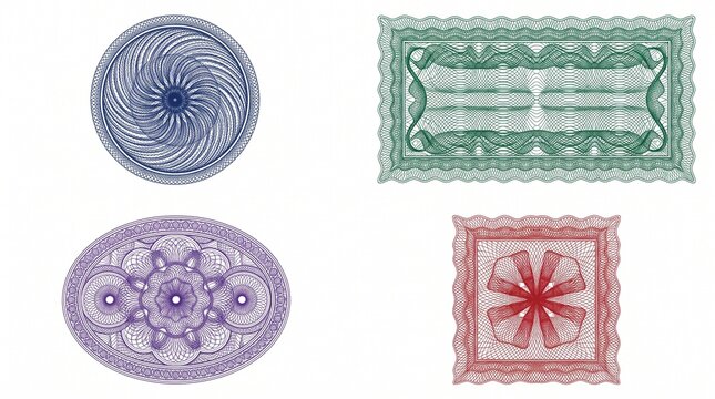 Four intricate guilloch&eacute; pattern graphics with precise flowing geometry, useful for certificates, luxury packaging, security-inspired design, stationery, Isolated on White background.