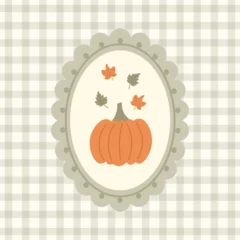 Orange vector pumpkin with autumn leaves in a whimsical frame on a checkered background. Vintage pumpkin print. Rustic farmhouse fall decor. Cottage kitchen printable. Thanksgiving cozy autumn © Jen