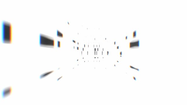 High key digital data particles and geometric pixels scatter horizontally across an overexposed bright white void in a 3D animation
