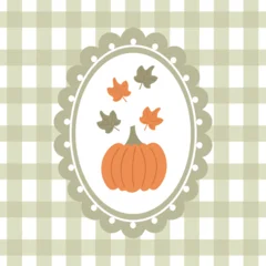 Orange vector pumpkin with autumn leaves in a whimsical frame on a checkered background. Vintage pumpkin print. Rustic farmhouse fall decor. Cottage kitchen printable. Thanksgiving cozy autumn. © Jen