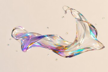 Obraz premium Abstract colorful water droplet splashing in slow motion with iridescent rainbow refraction, transparent liquid physics, artistic macro photography on light background