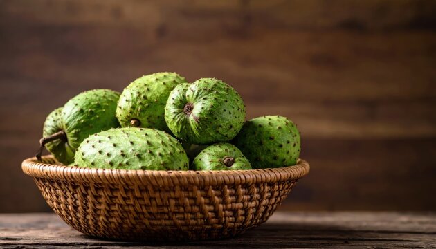 Wicker basket filled with green soursop fruits on wood.