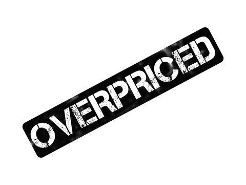 Overpriced black rubber stamp on white background, distressed grunge overpriced text mark, expensive cost warning symbol
