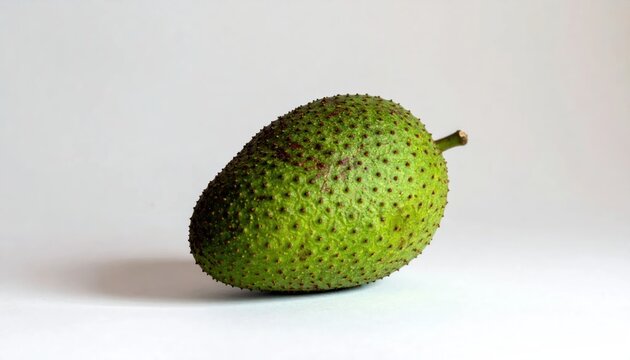 Whole green soursop fruit on plain white background.