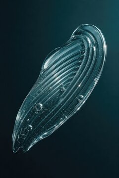 Translucent abstract glass sculpture with organic fluidic design, illuminated from within against dark gradient background, modern artistic craftsmanship, minimalist aesthetic