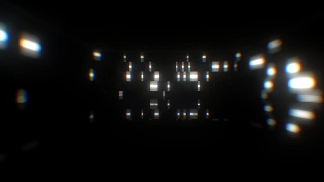 Digital data bits and square light clusters pulsate horizontally along a dark server rack interface in a 3D motion background