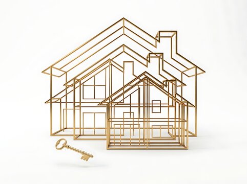 Golden wireframe house models with a key on white background for real estate concept