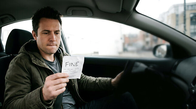 Stressed man sitting in a car holding a parking fine ticket with a worried expression