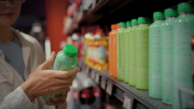 A girl in a white shirt reaches for a sweet carbonated drink on a grocery store shelf during the day. Concept of retail shopping and everyday consumer behaviour in a supermarket