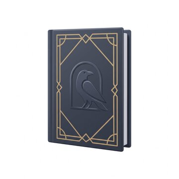 Dark blue vintage book with gold crow emblem isolated on white