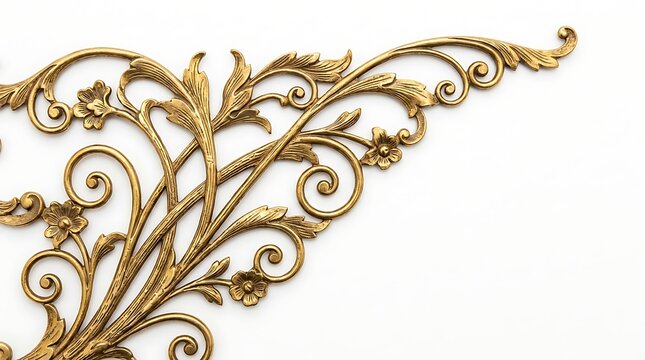Gold ornate floral scrollwork corner element isolated on white background