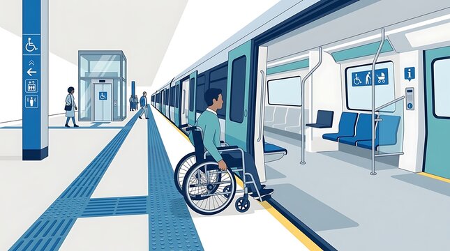 Wheelchair user boarding a modern subway train at an accessible station platform.