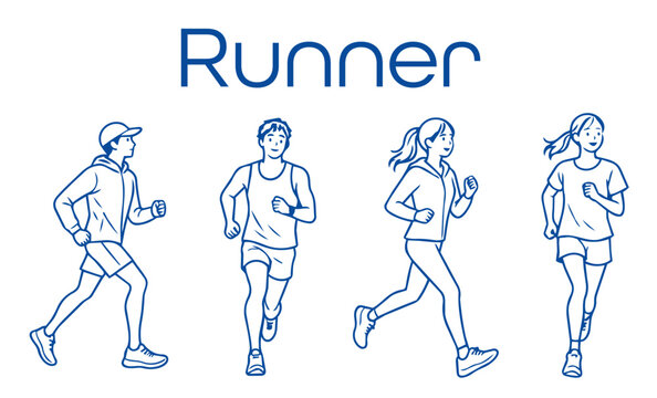 ランニング・ジョギングをする男女の青線画イラスト4種セット（ランナー、マラソン、スポーツ、フィットネス、健康） / Runner jogger line art vector set