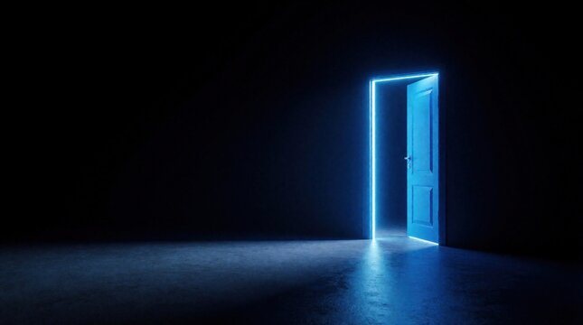 Open blue door glows with neon light in dark room. Floor reflects bright light from entrance. Mysterious ambiance suggests new opportunity, pathway, or escape.