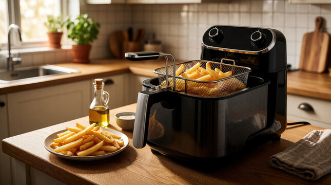 Black deep fryer machine on wooden kitchen counter with hot french fries. Crispy potato snacks in basket, on plate near olive oil. Cozy home interior background with plants, sink. Cooking tasty fast