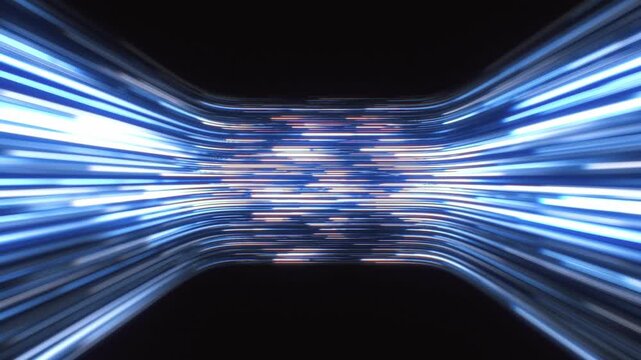 Futuristic blue data stream of glowing neon speed lines moving horizontally inside a curved network conduit in a 3D animation