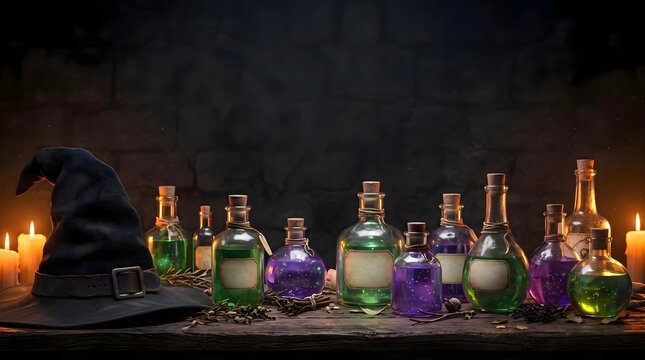 Collection of magical potion bottles and a witch hat on a dark wooden table background