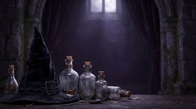 Dark moody scene with a witch hat and glass potion bottles on an old wooden table