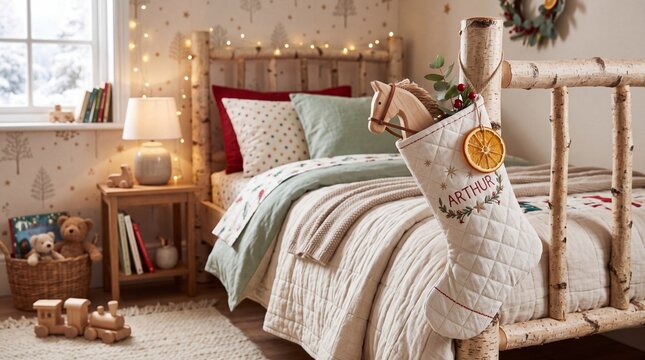 personalized christmas stocking hanging from a cozy bedpost