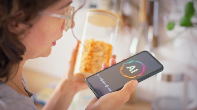 A housewife holds a corn flakes jar and communicates with an AI assistant on her phone planning a healthy morning meal. Idea of modern technology and smart nutrition planning