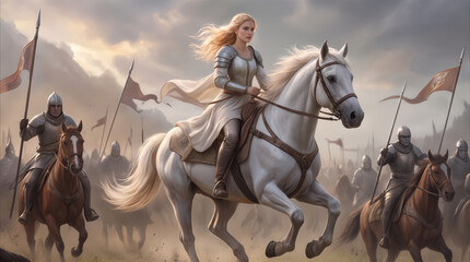 Fototapeta premium Cavalry commander leading army into battle. Blonde woman in silver plate armor riding white horse at head of medieval military force.