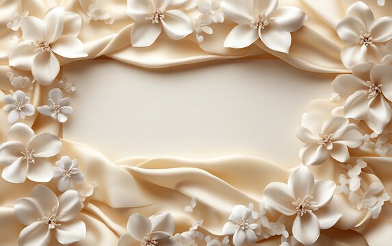 Elegant floral frame with white flowers and satin fabric on beige background.
