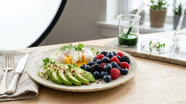 Artisanal Nutritious superfood healthy breakfast platter garnished with fresh organic toppings for healthy lifestyle nutrition