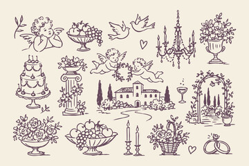 Fototapeta premium Wedding Celebration Vintage Hand Drawn Doodle Set