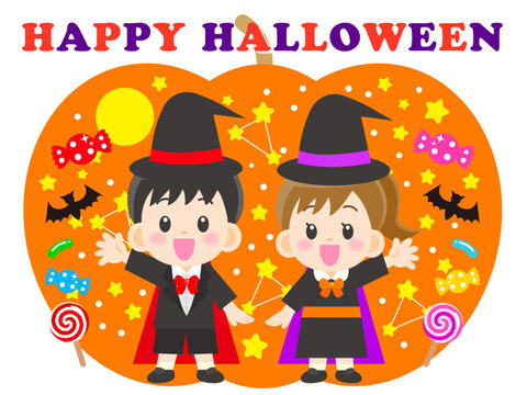 ハロウィンパーティを祝う仮装した子供のイラスト素材3