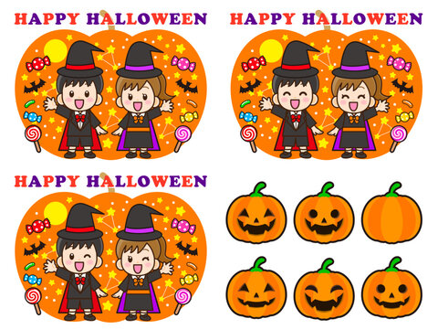 ハロウィンパーティを祝う仮装した子供のイラスト素材セット