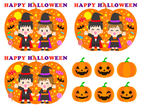 ハロウィンパーティを祝う仮装した子供のイラスト素材セット4