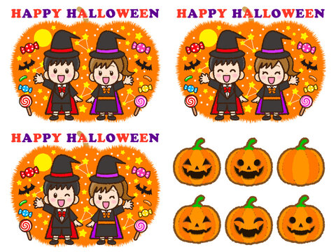 ハロウィンパーティを祝う仮装した子供のイラスト素材セット5