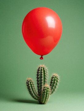 Red balloon floats near prickly cactus plant. Symbol of risk and vulnerability against plain background. Delicate bubble faces sharp spines, uncertain future.