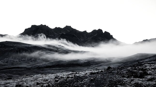 Black and white landscape of rugged mountain peaks shrouded in thick rolling morning mist.