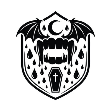 Vampire fangs with bat wings dripping blood black and white silhouette gothic horror emblem art