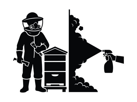 Beekeeper protecting beehive versus pesticide spray threat black and white silhouette metaphor