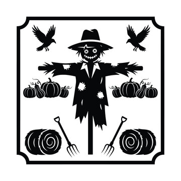 Scary scarecrow with pumpkins crows hay bales black and white silhouette halloween harvest art