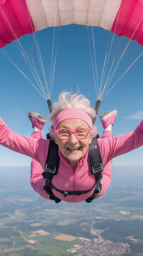 Adventurous senior woman skydiving with pink parachute. Active grandmother enjoying extreme sport and free fall experience.