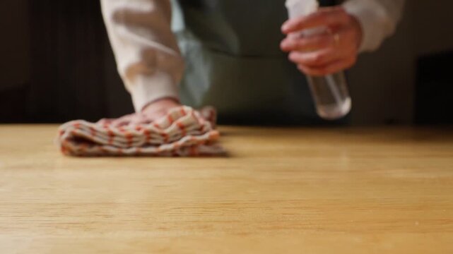 Person cleaning and wiping a table surface using a cleaning spray and cloth