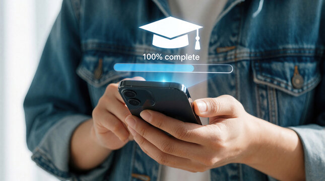 Person holds smartphone showing 100 percent course completion with graduation cap icon. Digital learning success achieved via mobile app, signifying skill development and academic goals met.