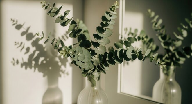 Eucalyptus Branches In Sunlight Casting Shadows On Wall
