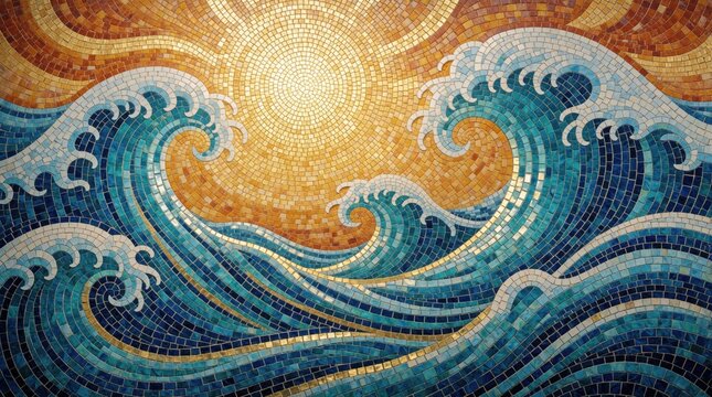 Abstract mosaic art shows ocean waves under bright sun. Blue, white tile patterns create sea waves with golden sunlight rays. Decorative mediterranean style pattern features geometric ceramic tiles