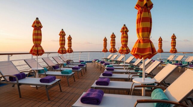 Empty cruise ship deck at sunrise with rows of lounge chairs. Closed striped umbrellas, folded towels on sunbeds. Calm blue ocean view under morning sky. Luxury maritime travel concept for peaceful