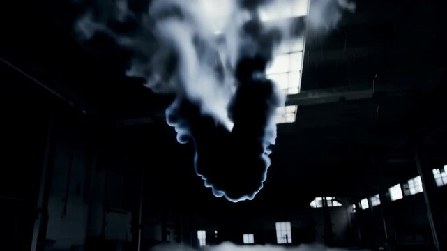 Dim Industrial Smoke and Fog in Night Interior.
