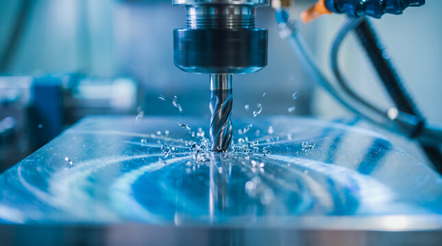 A close-up view of a CNC milling machine drilling into a metal block with coolant splashing; precision industrial manufacturing technology.