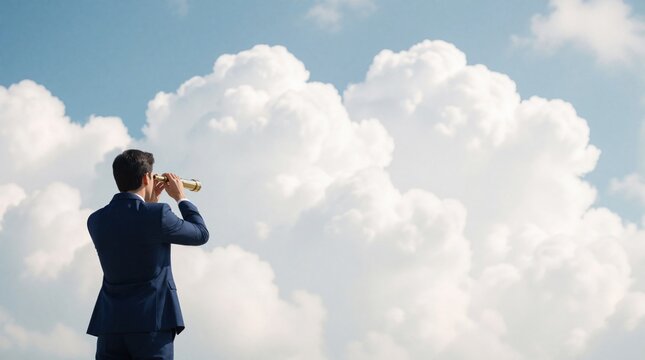 Businessman in blue suit looks through gold telescope at big white clouds in blue sky. Male entrepreneur searches for future opportunities, goals. Pro man views horizon to find vision, strategy,